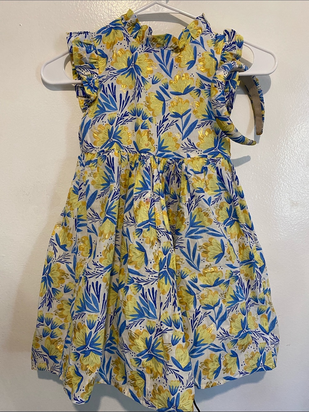 Girls Yellow & Blue Floral Ruffle Dress